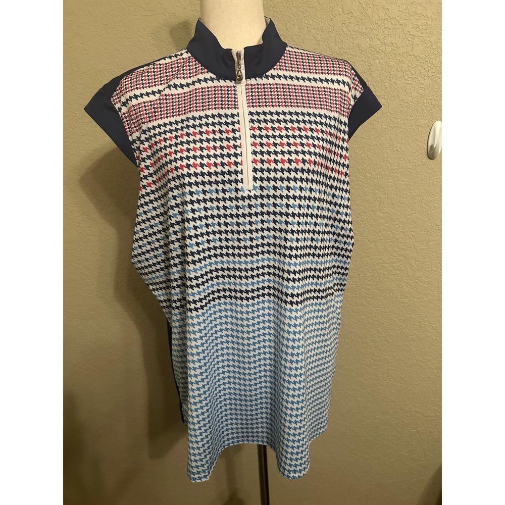 SanSoleil Golf Top Women XXL Blue Houndstooth Sleeveless Quarter Zip UPF 50